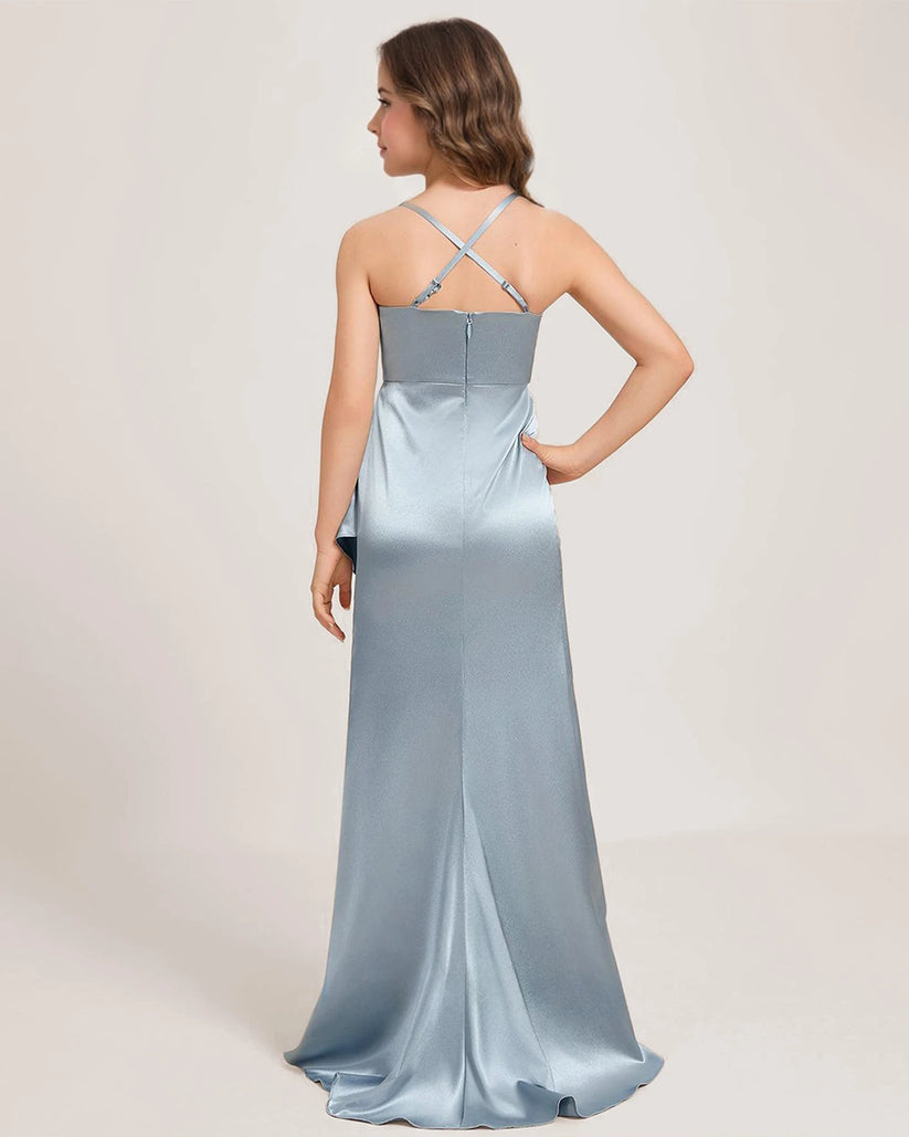 Dusty Blue Satin A-line Girls Formal Dress Back View