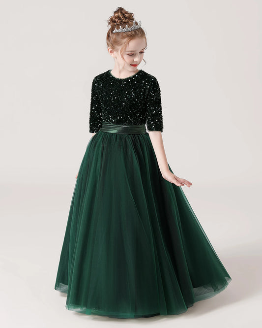 Dark Green Sequin Tulle A-line Flower Girl Dress Front View