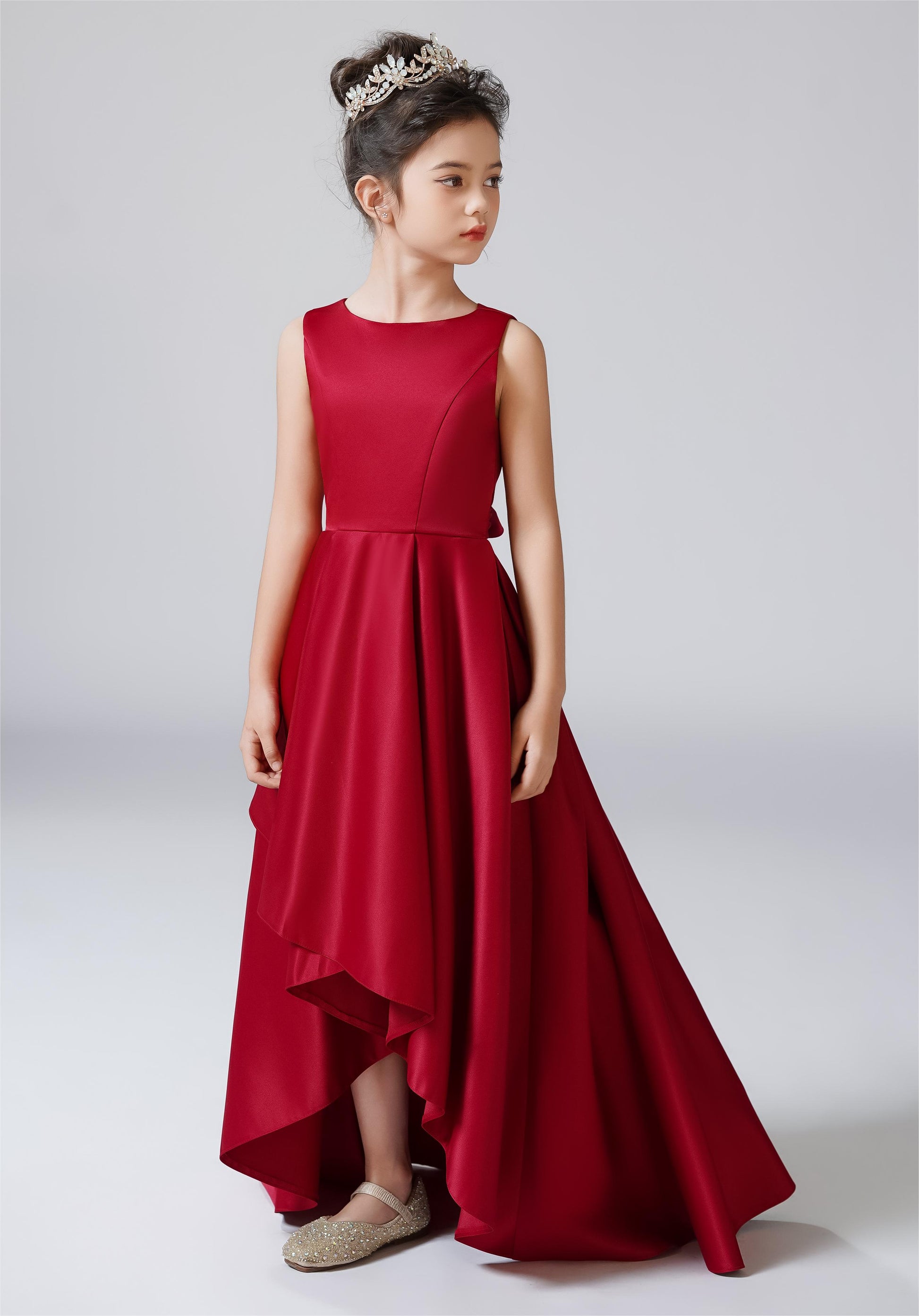 Dideyttawl High Low Satin Flower Girls Dress Sleeveless Party Prom Ball Gown Formal Special Occasion Wedding Guest Junior Bridesmaid Dress, Burgundy / Dideyttawl High Low Satin Flower Girls Dress Sleeveless Party Prom Ball Gown Formal Special Occasion Wedding Guest Junior Bridesmaid Dress, Burgundy /