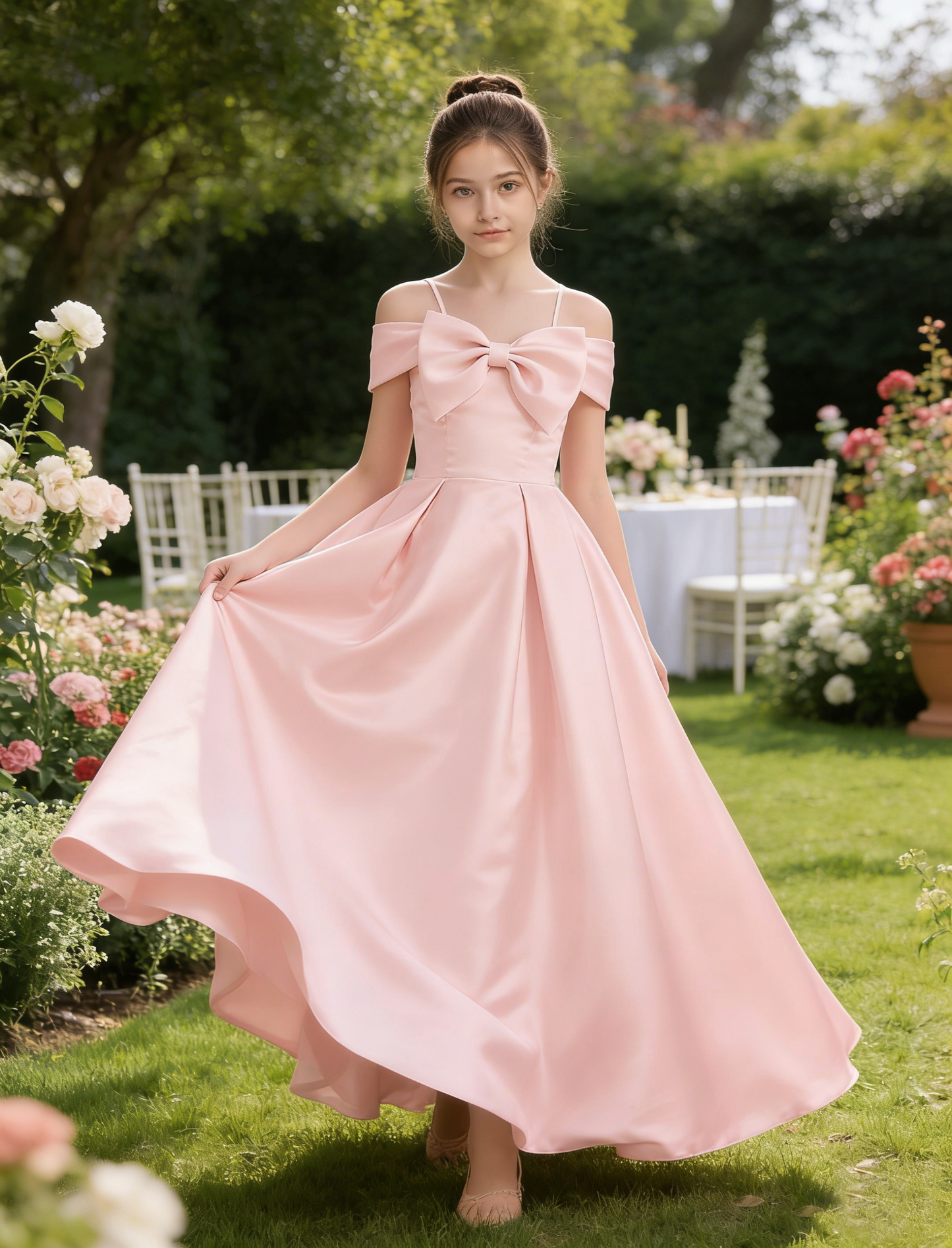dideyttawl 2026 Off Shoulder Flower Girl Dress Big Bow Junior Bridesmaid Dress A-Line Sleeveless Prom Ball Gown 2790