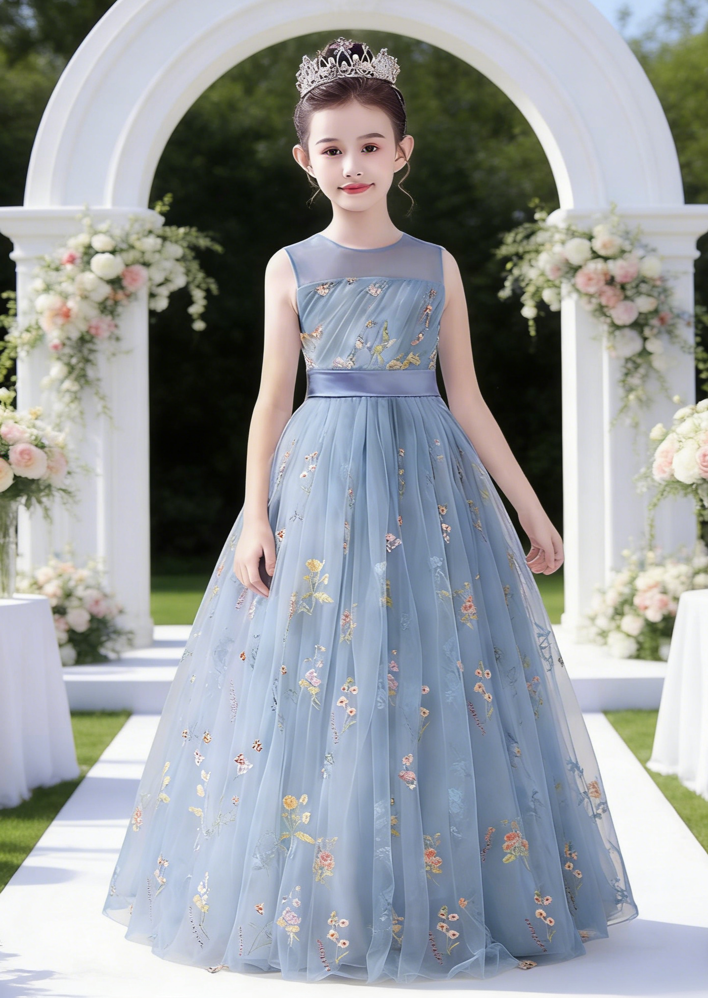dideyttawl  Floral Tulle Girls Formal Dress Sleeveless Pageant  Prom Gown 2554