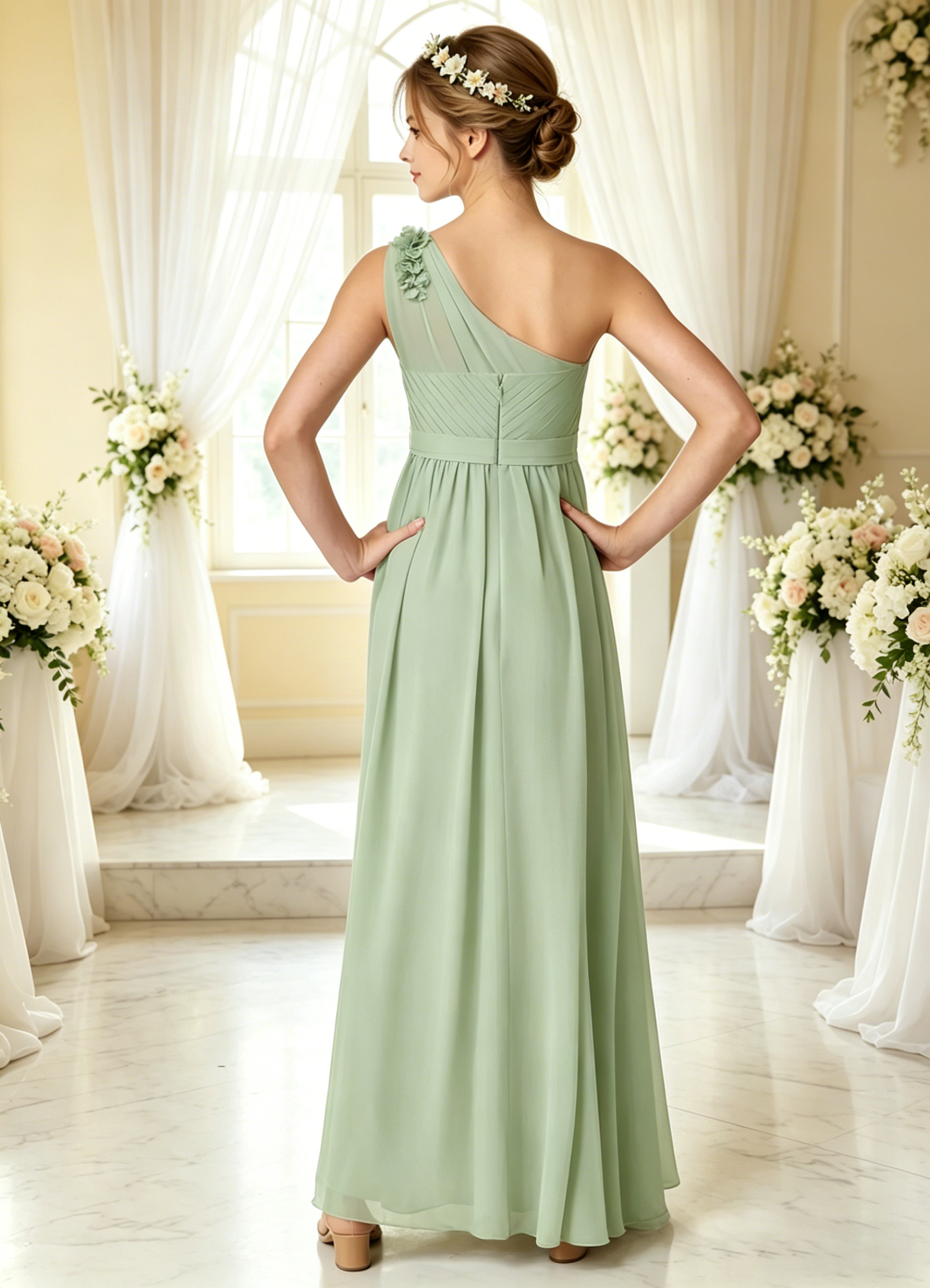 dideyttawl One Shoulder Pleated Junior Bridesmaid Dresses for Wedding A-Line Chiffon 3D Flower Girls Formal Party Dress 2604