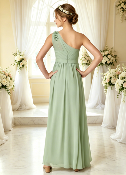 dideyttawl One Shoulder Pleated Junior Bridesmaid Dresses for Wedding A-Line Chiffon 3D Flower Girls Formal Party Dress 2604