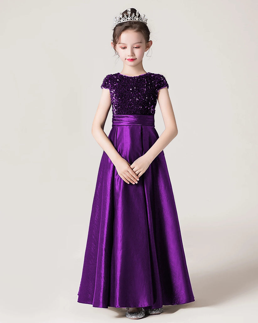 Purple Sequin Satin A-line Girls Formal Dress Front View