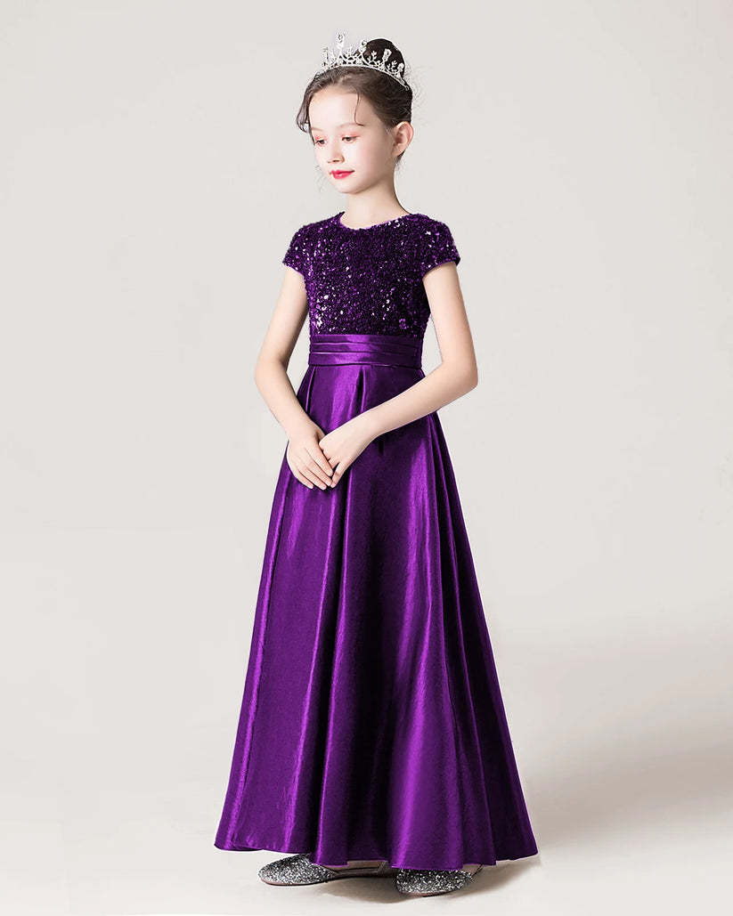 Purple Sequin Satin A-line Girls Formal Dress Side View