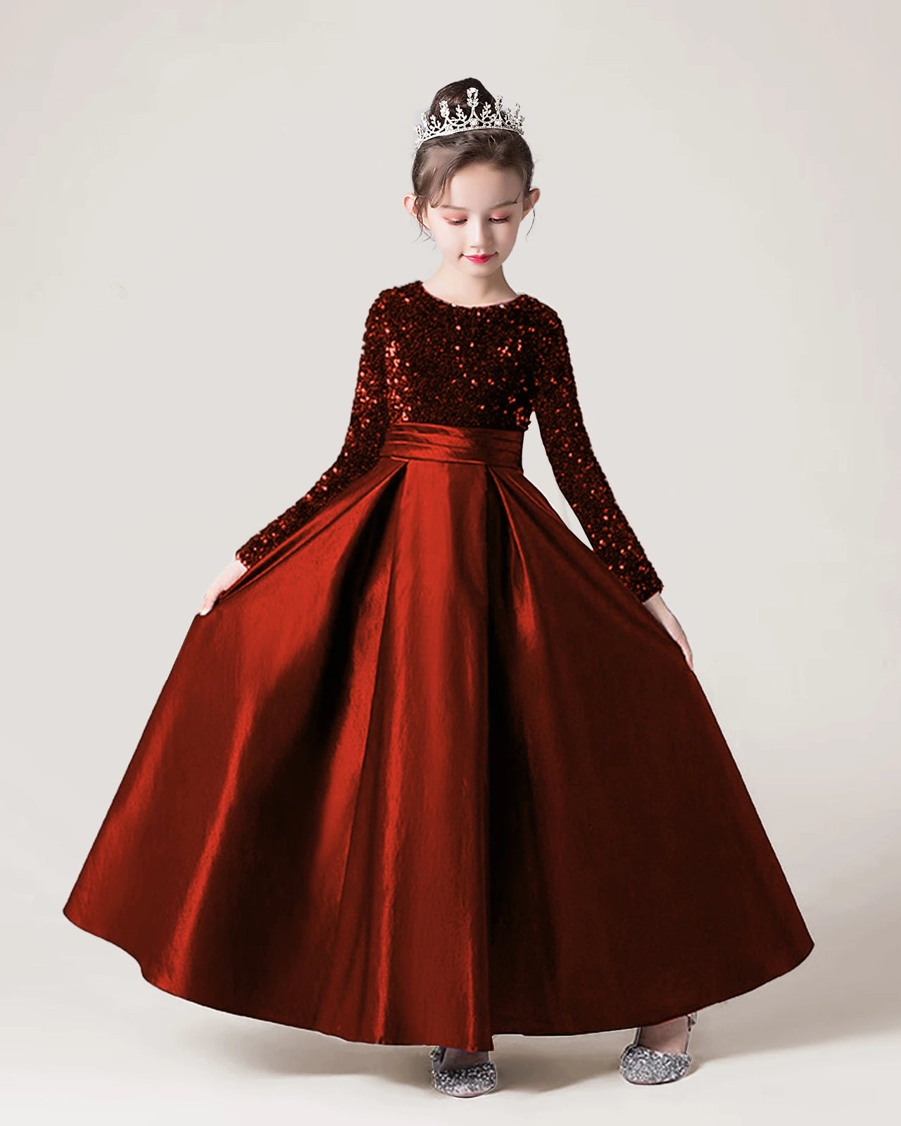 Dideyttawl Long Sleeves Sequins Flower Girls Dress Sparkling  Satin Formal Party Gown 503