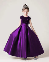 Purple Sequin Satin A-line Girls Formal Dress Front View