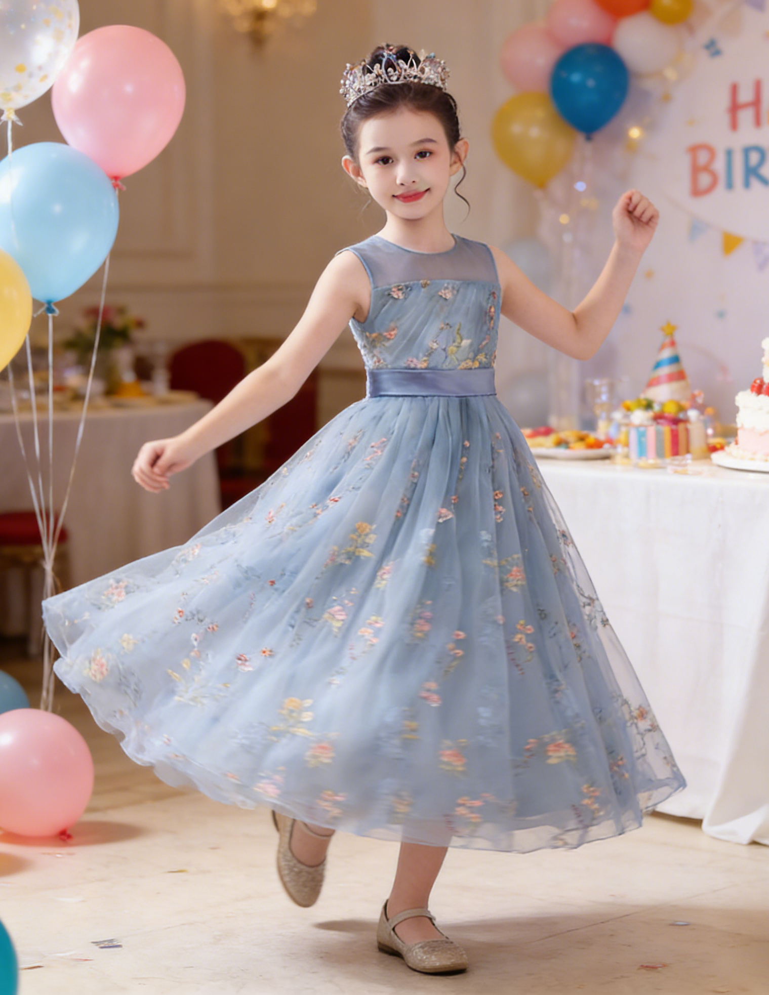dideyttawl  Floral Tulle Girls Formal Dress Sleeveless Pageant  Prom Gown 2554