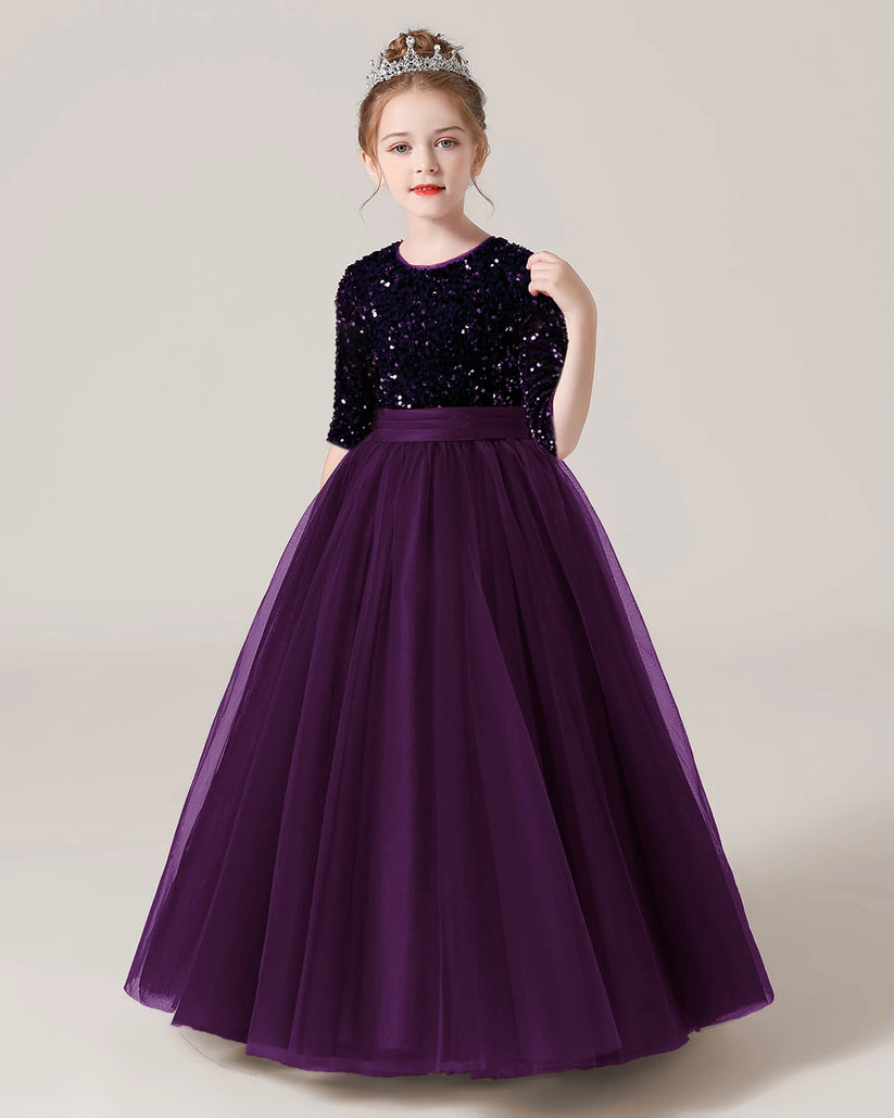 Purple Sequin Tulle A-line Flower Girl Dress Front View