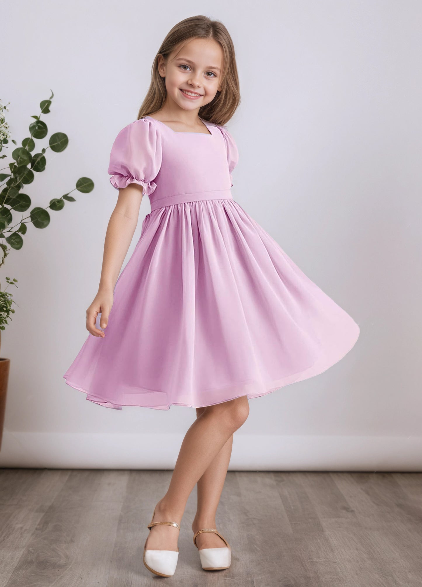 Chiffon Short Sleeves Flower Girl Dresses Knee Length Junior Bridesmaid Dresses for 4-16 650C