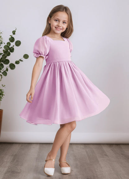 Chiffon Short Sleeves Flower Girl Dresses Knee Length Junior Bridesmaid Dresses for 4-16 650C