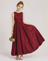 Burgundy Satin A-line Junior Bridesmaid Dress Front View