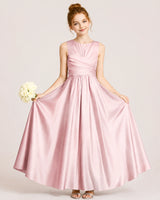 Dusty Rose Satin A-line Junior Bridesmaid Dress Front View