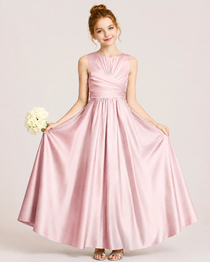 Dusty Rose Satin A-line Junior Bridesmaid Dress Front View