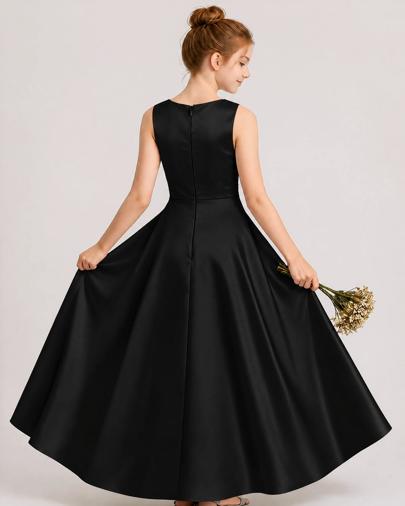 Black Satin A-line Junior Bridesmaid Dress Back View
