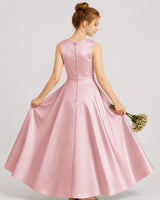 Dusty Rose Satin A-line Junior Bridesmaid Dress Back View