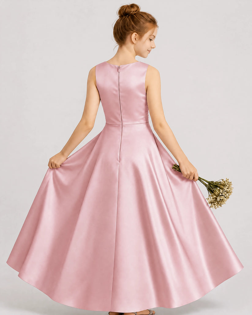 Dusty Rose Satin A-line Junior Bridesmaid Dress Back View