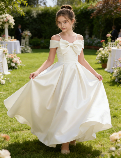 dideyttawl 2026 Off Shoulder Flower Girl Dress Big Bow Junior Bridesmaid Dress A-Line Sleeveless Prom Ball Gown 2790