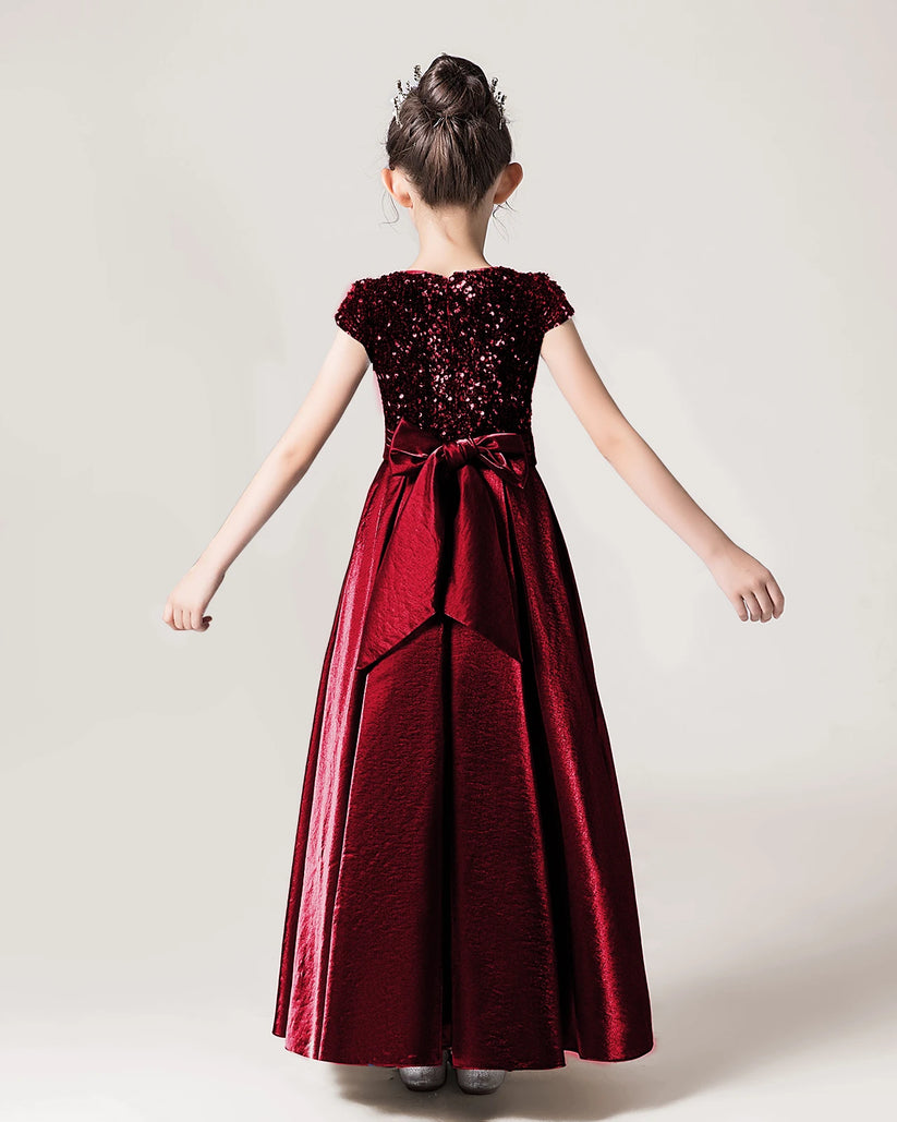 Burgundy Sequin A-line Girls Formal Dress Back View