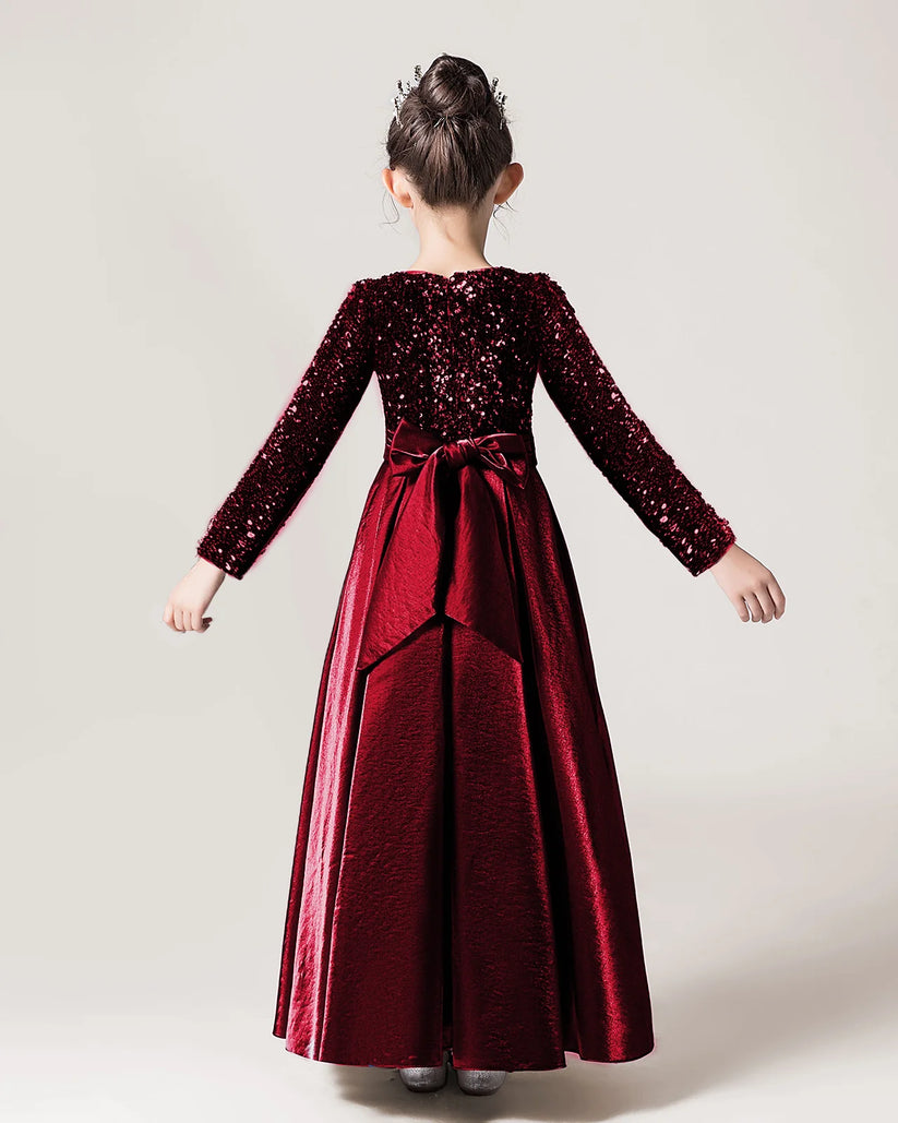 Burgundy Sequin A-line Girls Formal Dress Back View