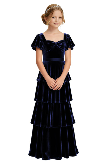 dideyttawl Girls Pleated Velvet Short Lantern Sleeves Long Junior Bridesmaid Dress 2542