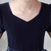 Dideyttawl Velvet Girls Formal Dress With V Neck Puff Sleeves