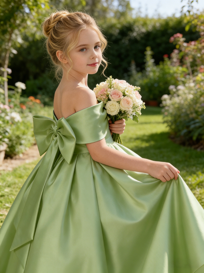 Dideyttawl Satin Flower Girl Dress A Line Off Shoulder Formal Ball Gown Bow Back