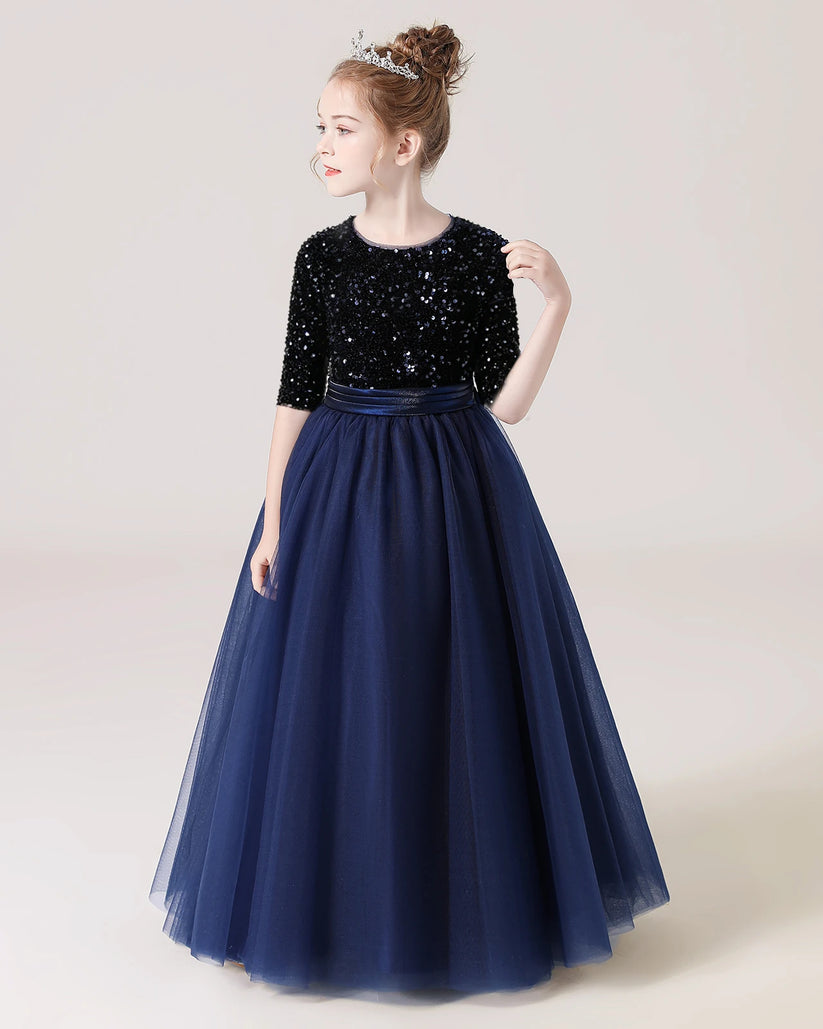 Navy Blue Sequin Tulle A-line Flower Girl Dress Side View