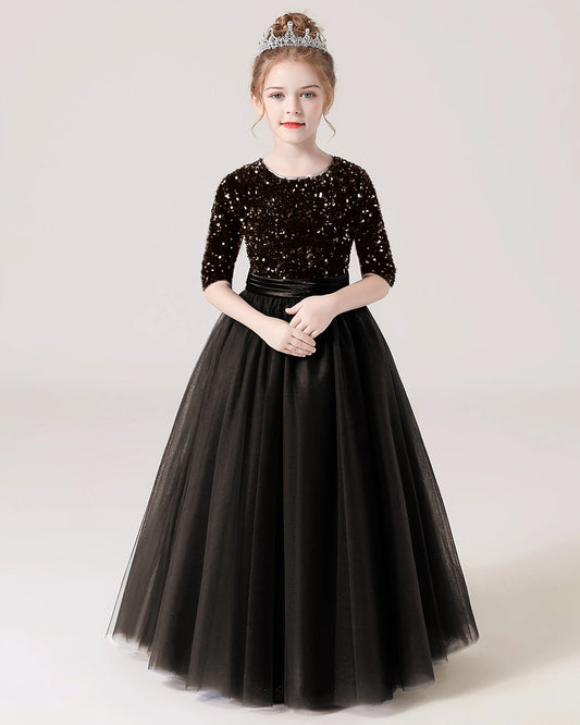 Black Tulle A-line Flower Girl Dress Front View