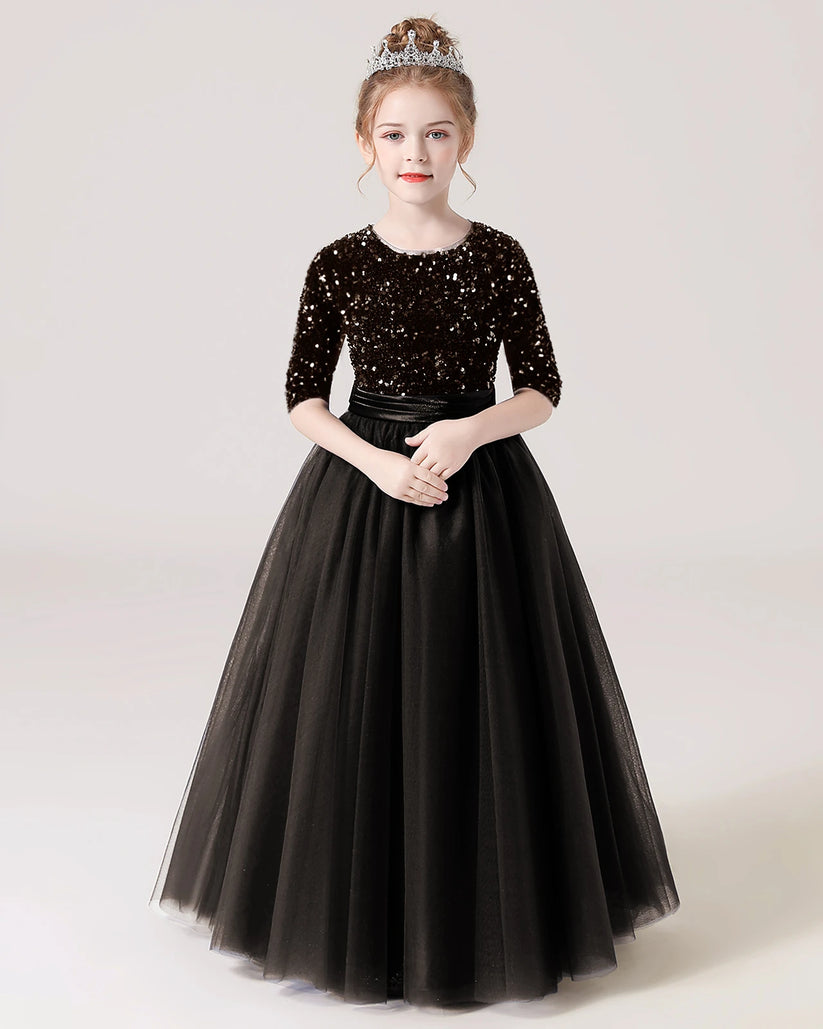 Black Tulle A-line Flower Girl Dress Front View