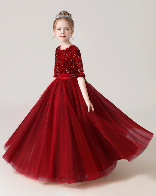 Burgundy Tulle A-line Flower Girl Dress Front View