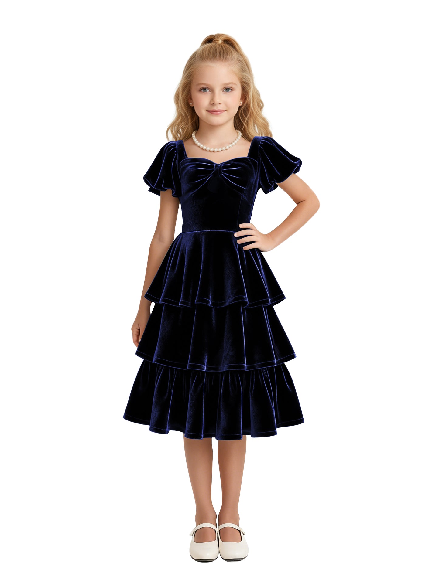 dideyttawl Girls Pleated Velvet Knee Length Junior Bridesmaid Dress with Short Lantern Sleeves 2543