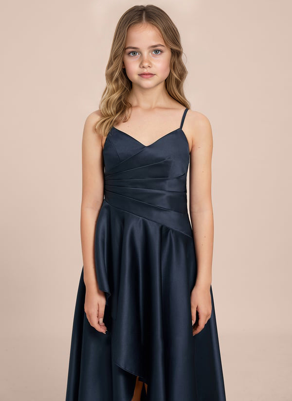 dideyttawl High Low Junior Bridesmaid Dress V-Neck Silk Satin Flower Girl Dress Sleeveless Formal Special Occasion Dress for Wedding 2523