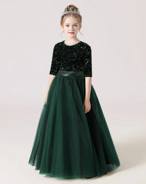 Dark Green Front Sequin Mid Sleeve Flower Girl Dress