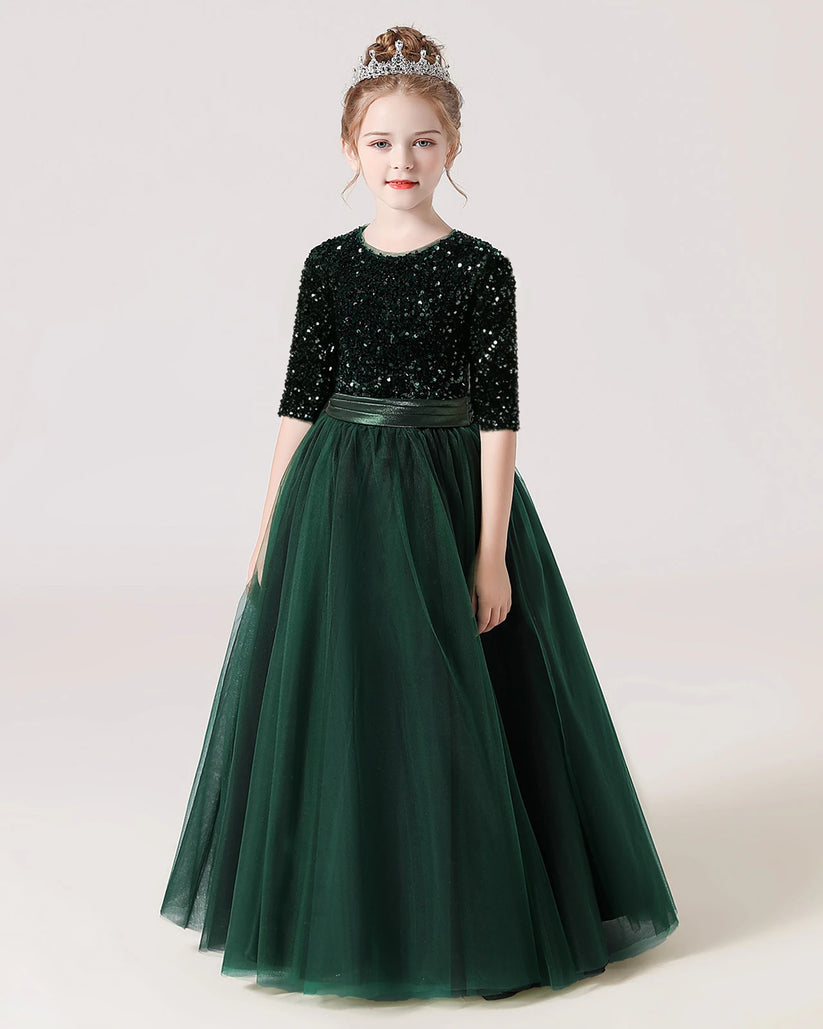 Dark Green Tulle A-line Flower Girl Dress Front View
