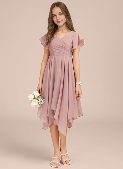 Chiffon Short Junior Bridesmaid Dresses Knee Length Flutter Sleeves Flower Girl Dresses for 4-16 2505