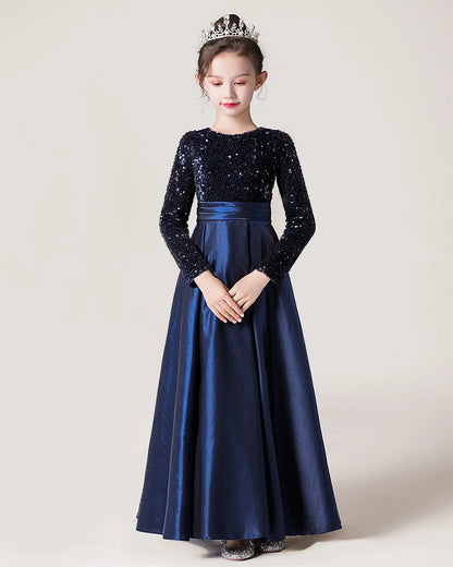 Navy Blue Front Sequin Long Sleeve Flower Girls Dress