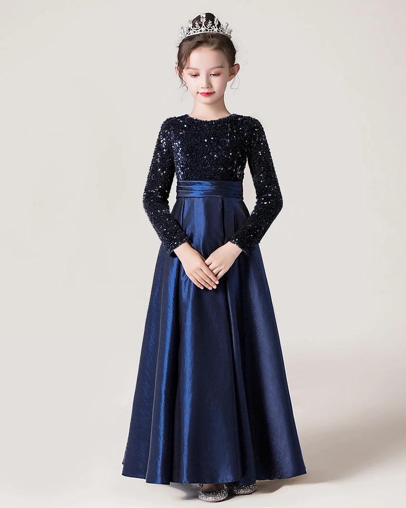 Navy Blue Sequin A-line Girls Formal Dress Front View