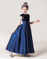 Navy Blue Sequin Satin A-line Girls Formal Dress Front View