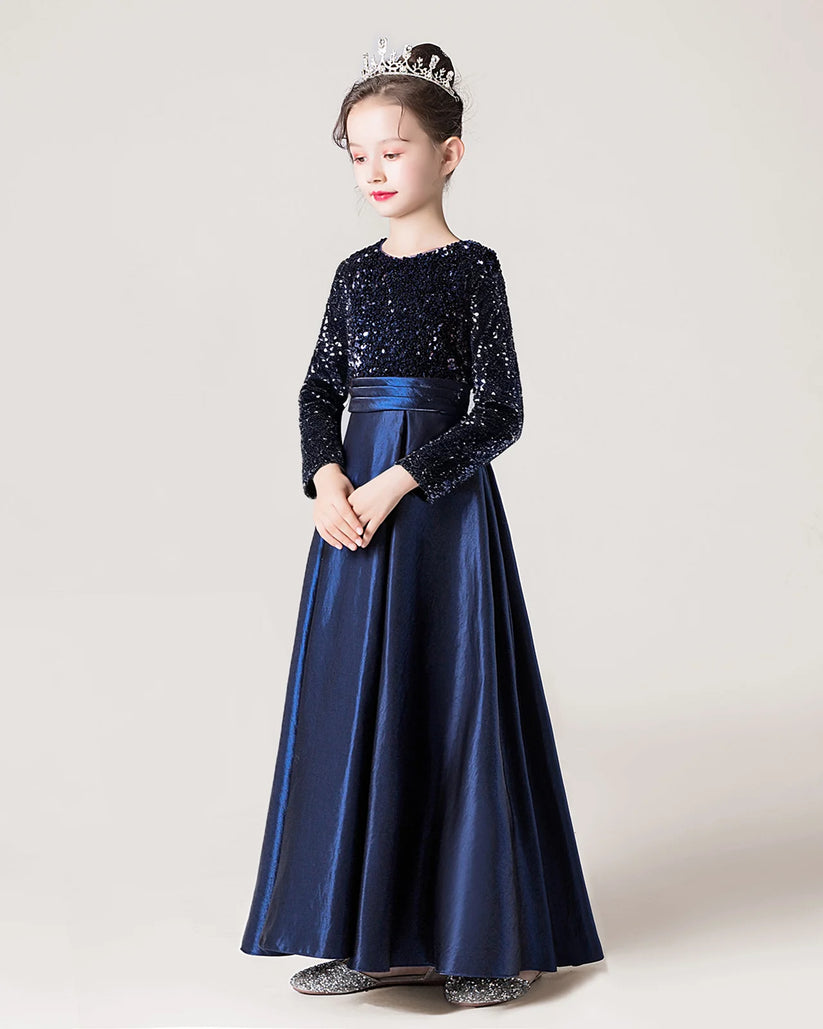 Navy Blue Sequin A-line Girls Formal Dress Side View