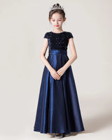 Navy Blue Satin A-line Girls Formal Dress Front View