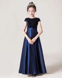Navy Front Sequin Flower Girls Dress
