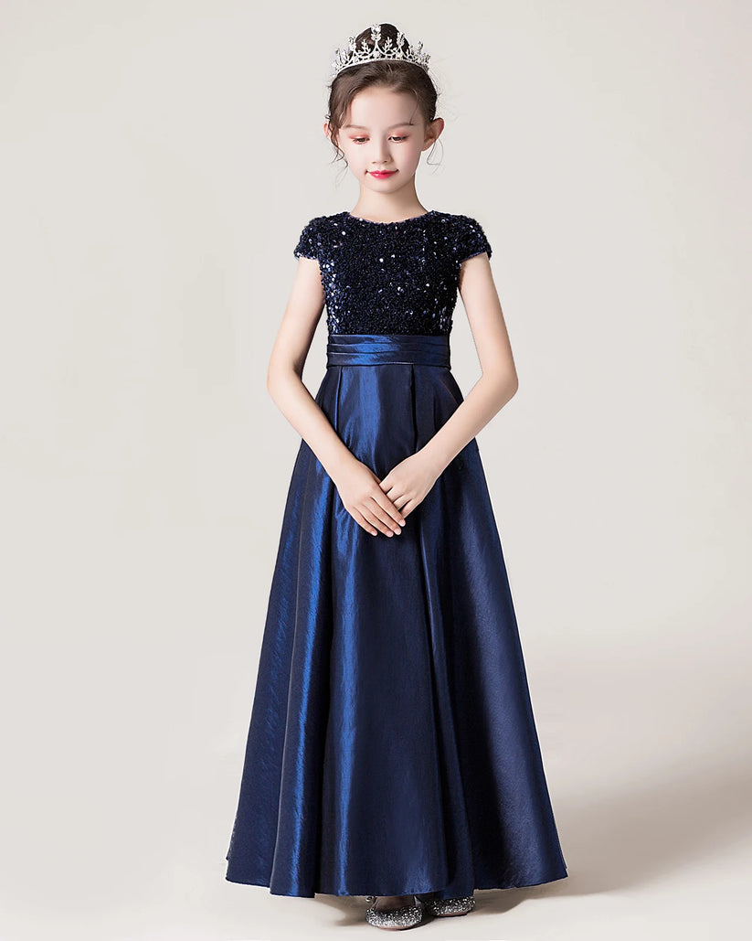 Navy Blue Satin A-line Girls Formal Dress Front View