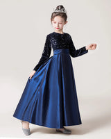 Navy Blue Sequin A-line Girls Formal Dress Front View