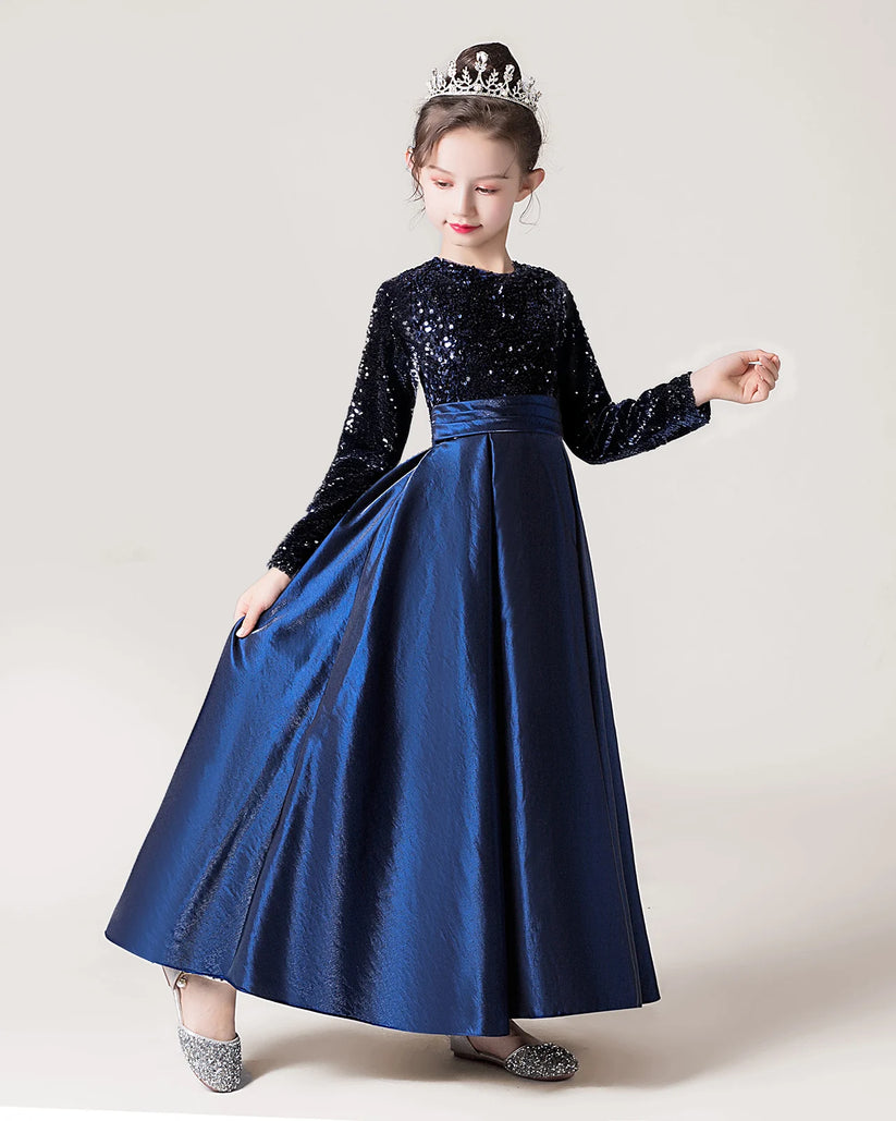 Navy Blue Sequin A-line Girls Formal Dress Front View