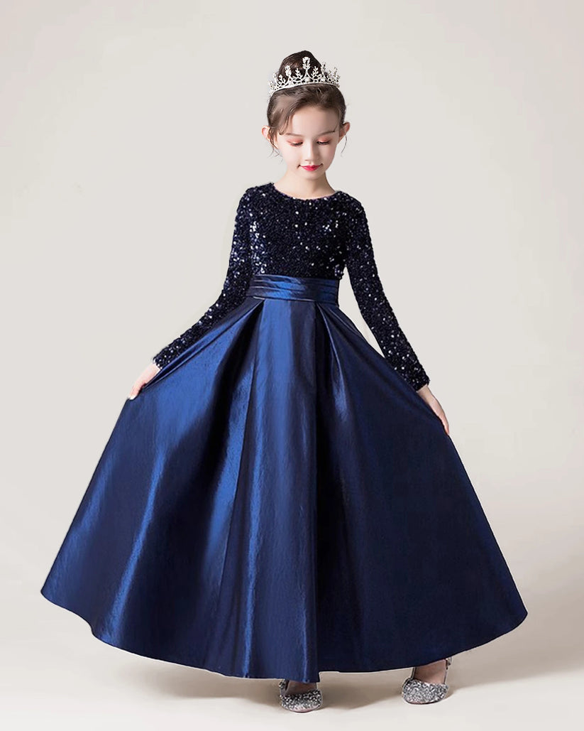 Navy Blue Sequin Satin A-line Girls Formal Dress Front View