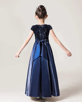 Navy Blue Sequin A-line Girls Formal Dress Back View
