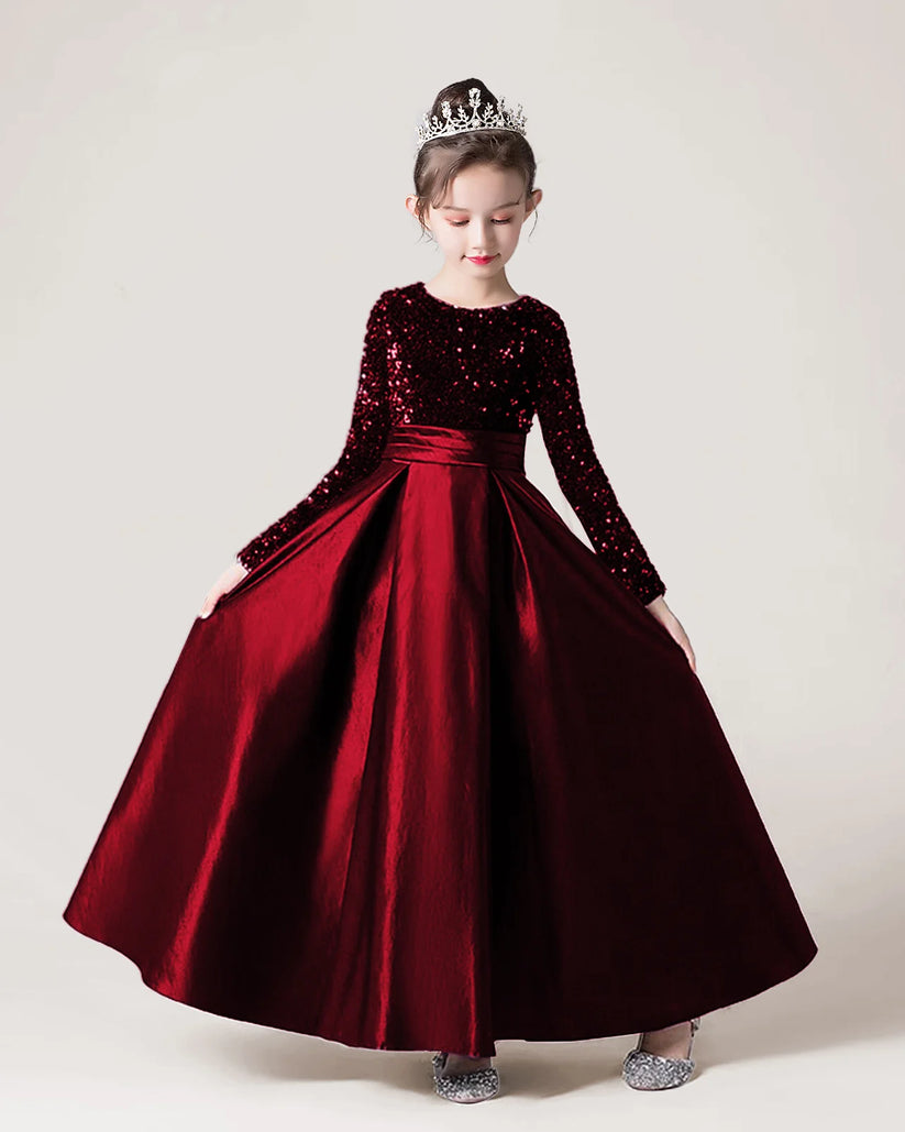 Burgundy Sequin Satin A-line Girls Formal Dress Front View