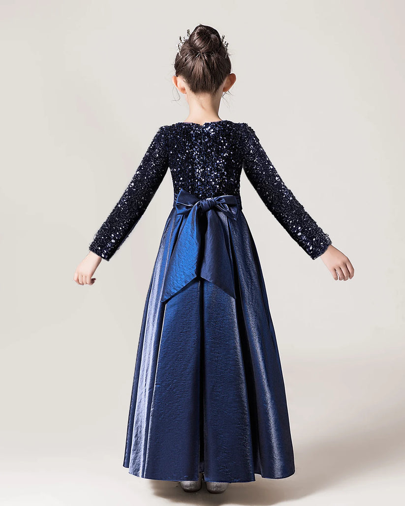 Navy Blue Sequin A-line Girls Formal Dress Back View