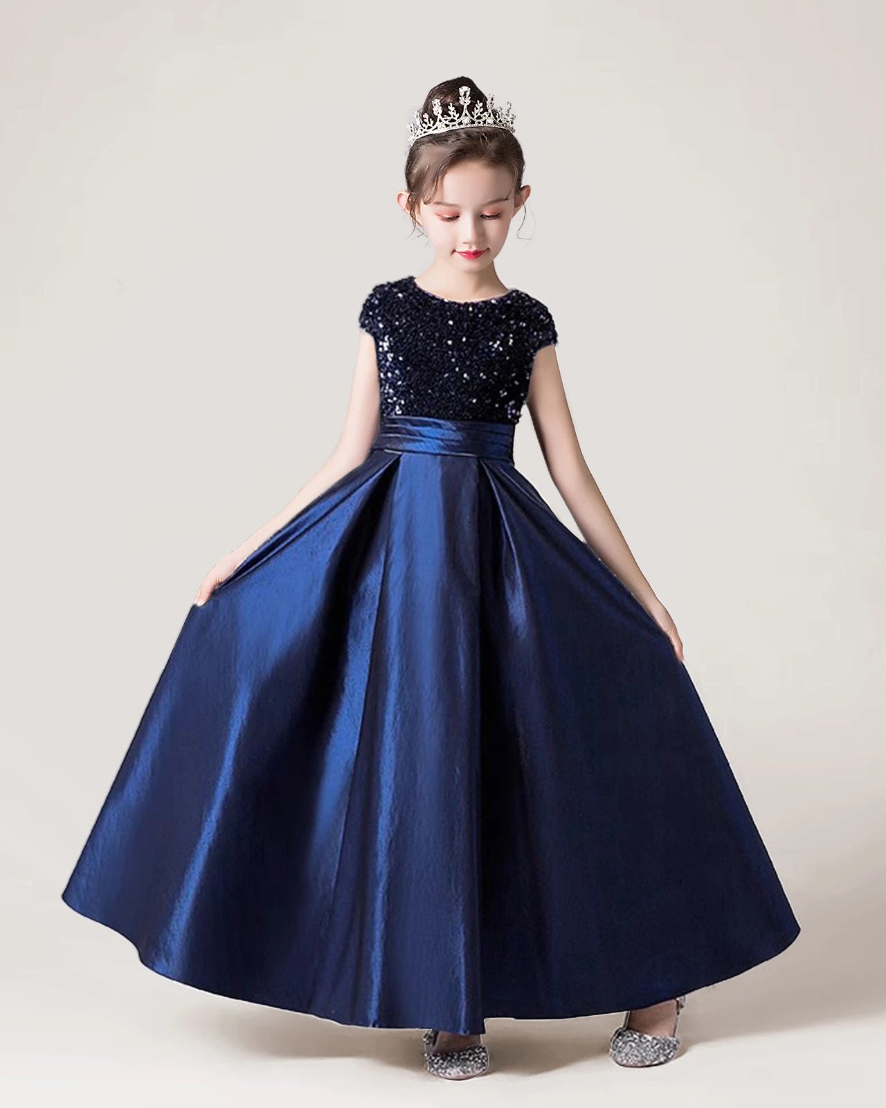 Navy Blue Sequin Satin A-line Girls Formal Dress Front View